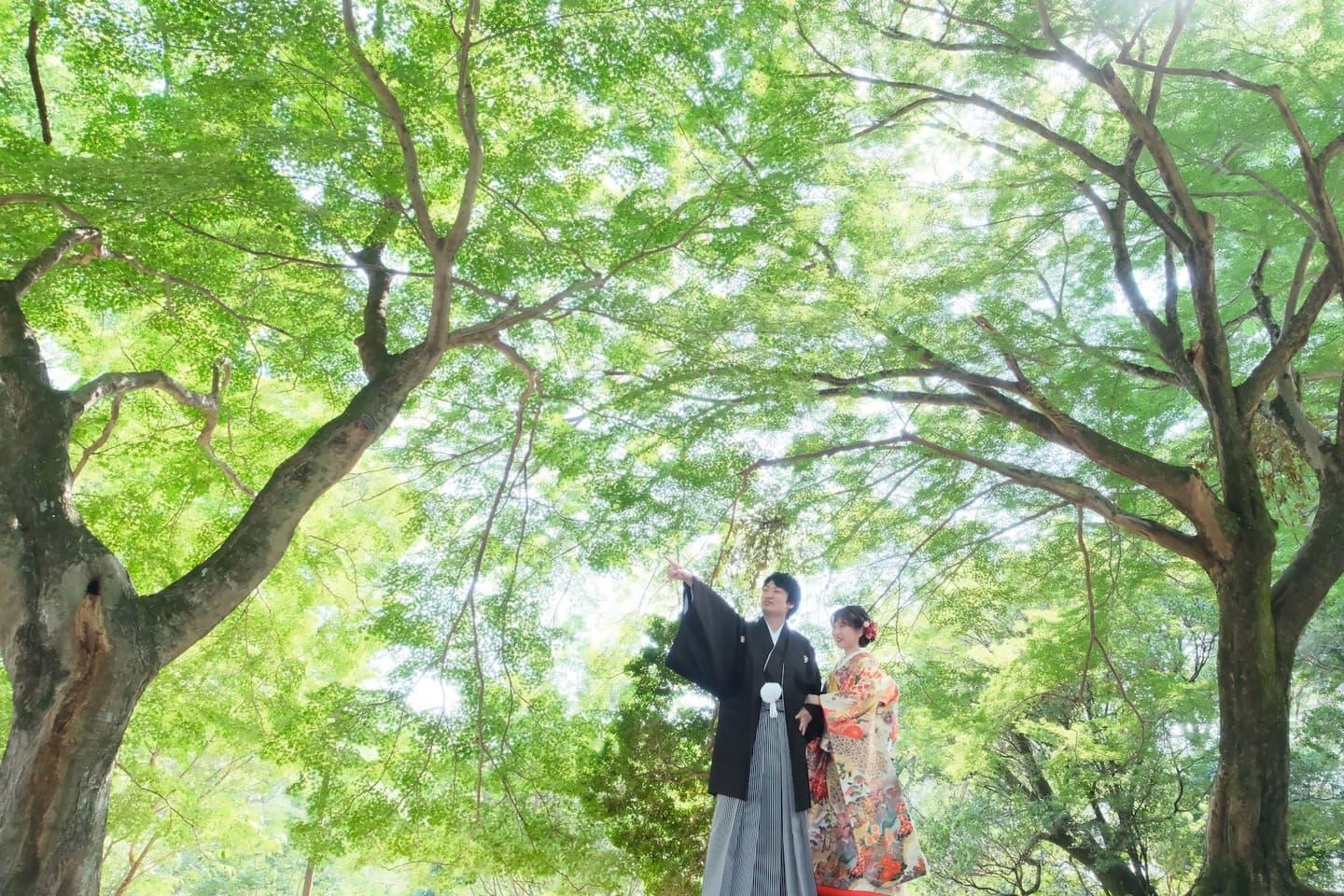 奈良の新緑で和装前撮りフォトウェディングの写真